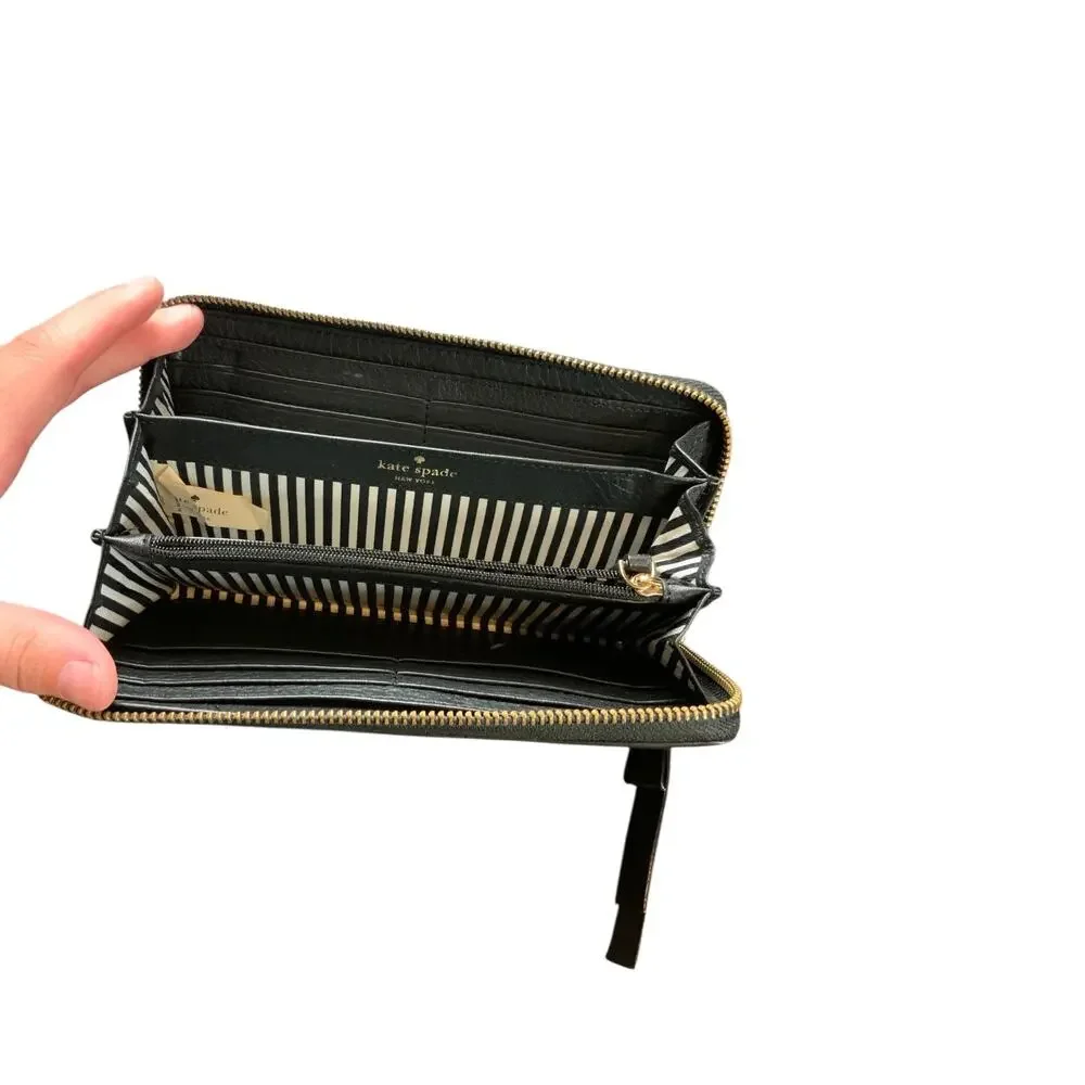 Kate Spade New York Black Leather Zip Around Wallet Continental Pebbled Leather